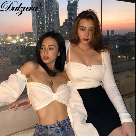 NWOT Dulzura Ruched Bow Crop Top Shirt Puff Long Sleeve Off Shoulder L - Picture 4 of 6